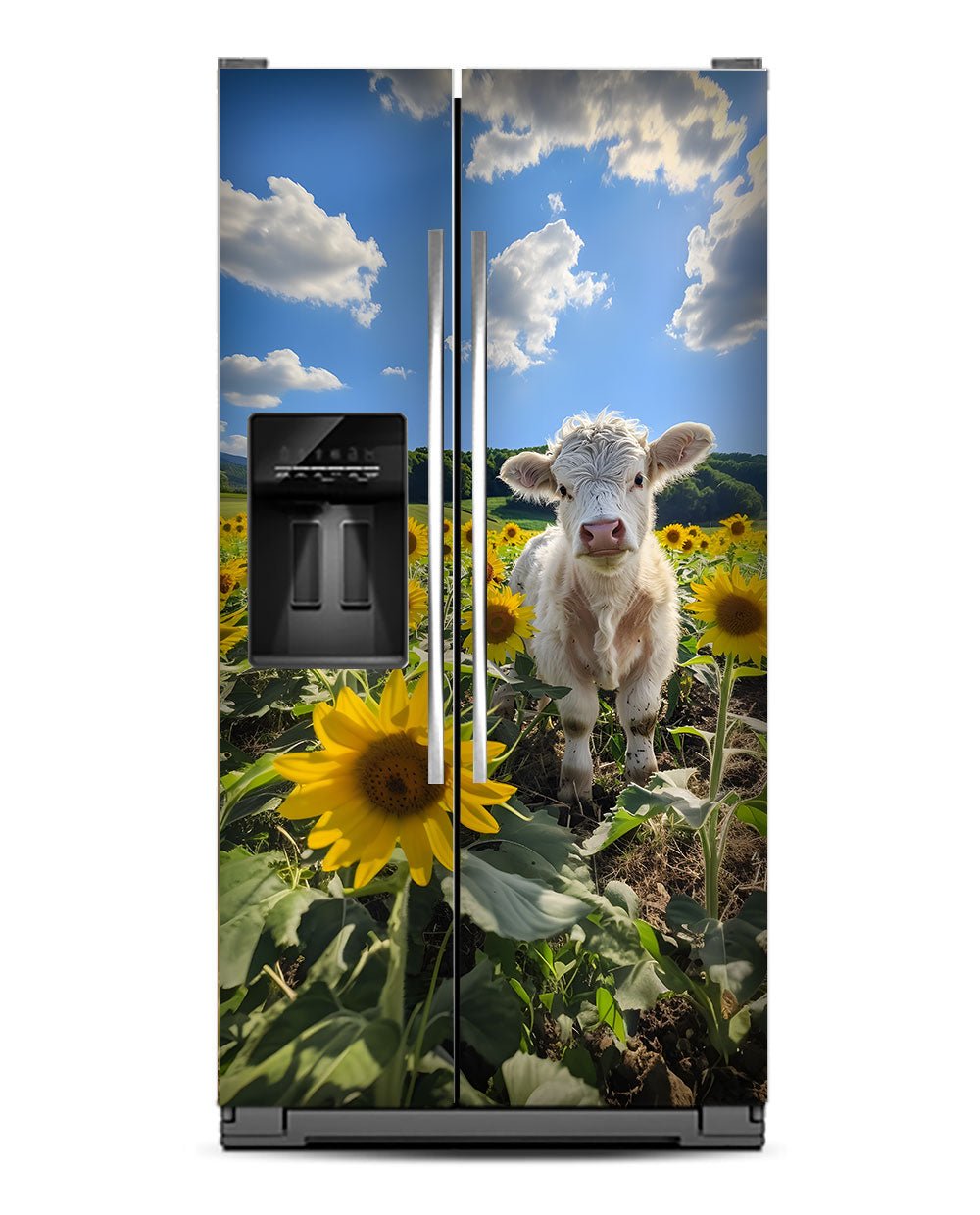 White Calf with sunflowers