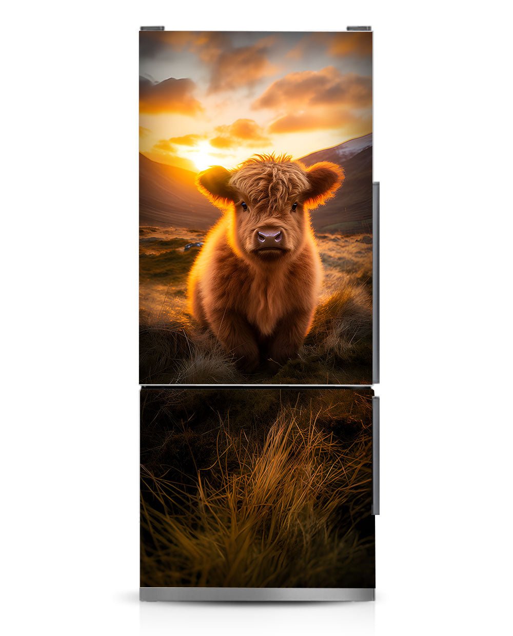 A Highland calf at sunrise