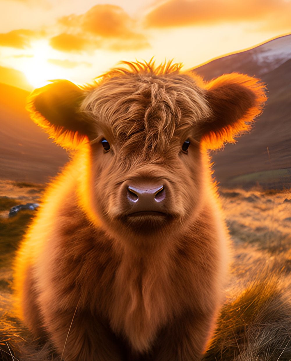 A Highland calf at sunrise