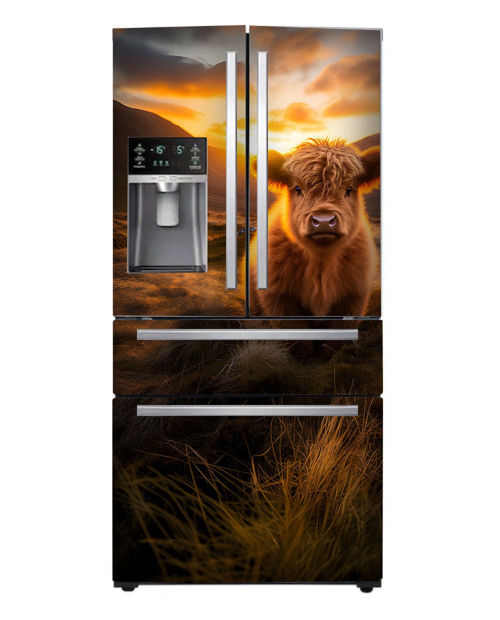 A Highland calf at sunrise