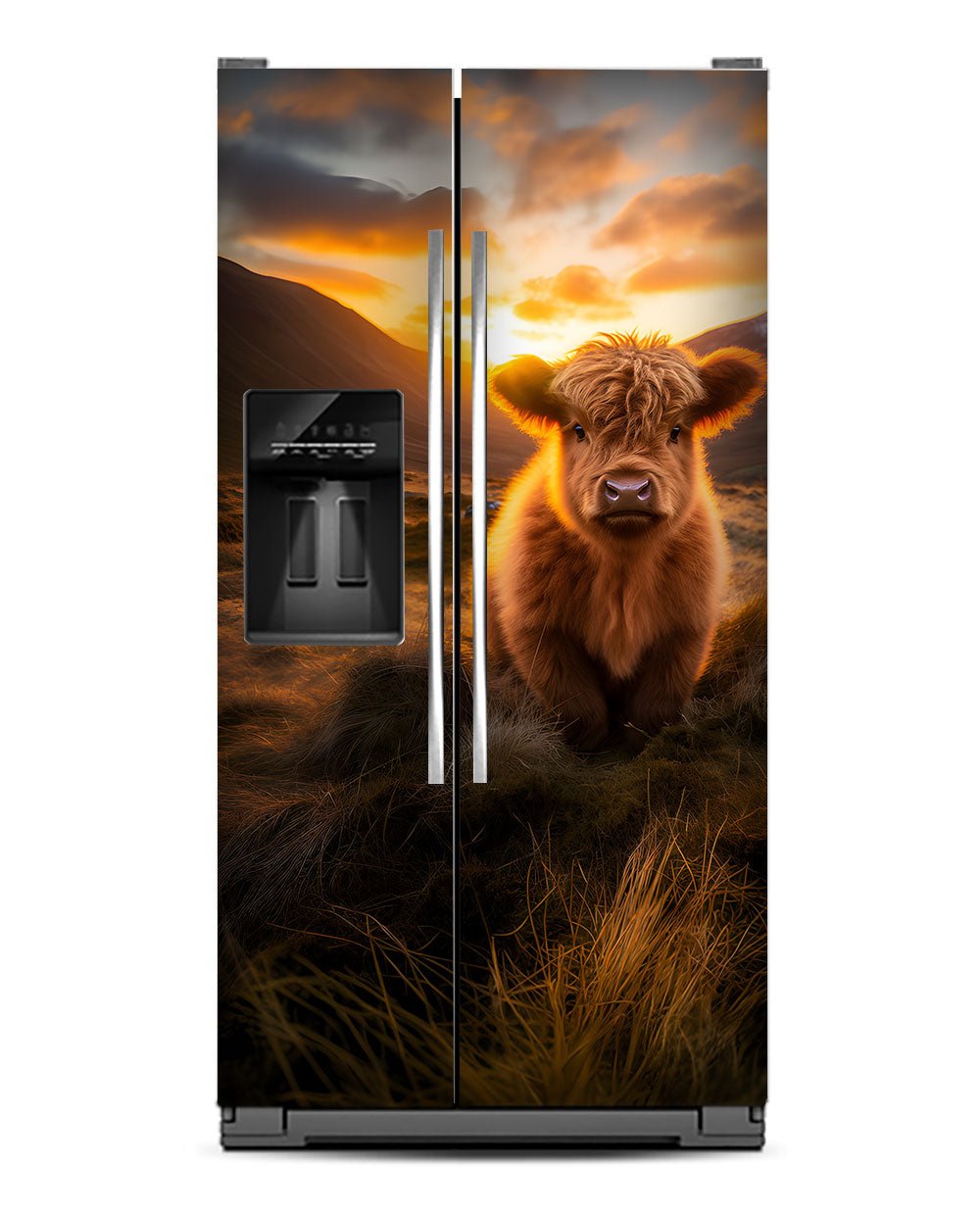 A Highland calf at sunrise