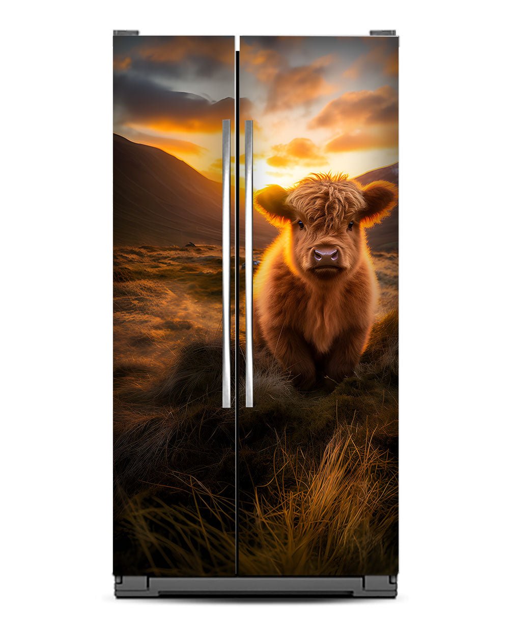 A Highland calf at sunrise