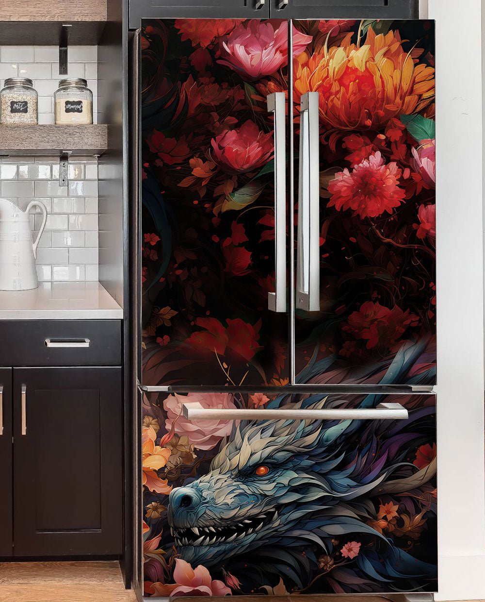 Black dragon and flowers