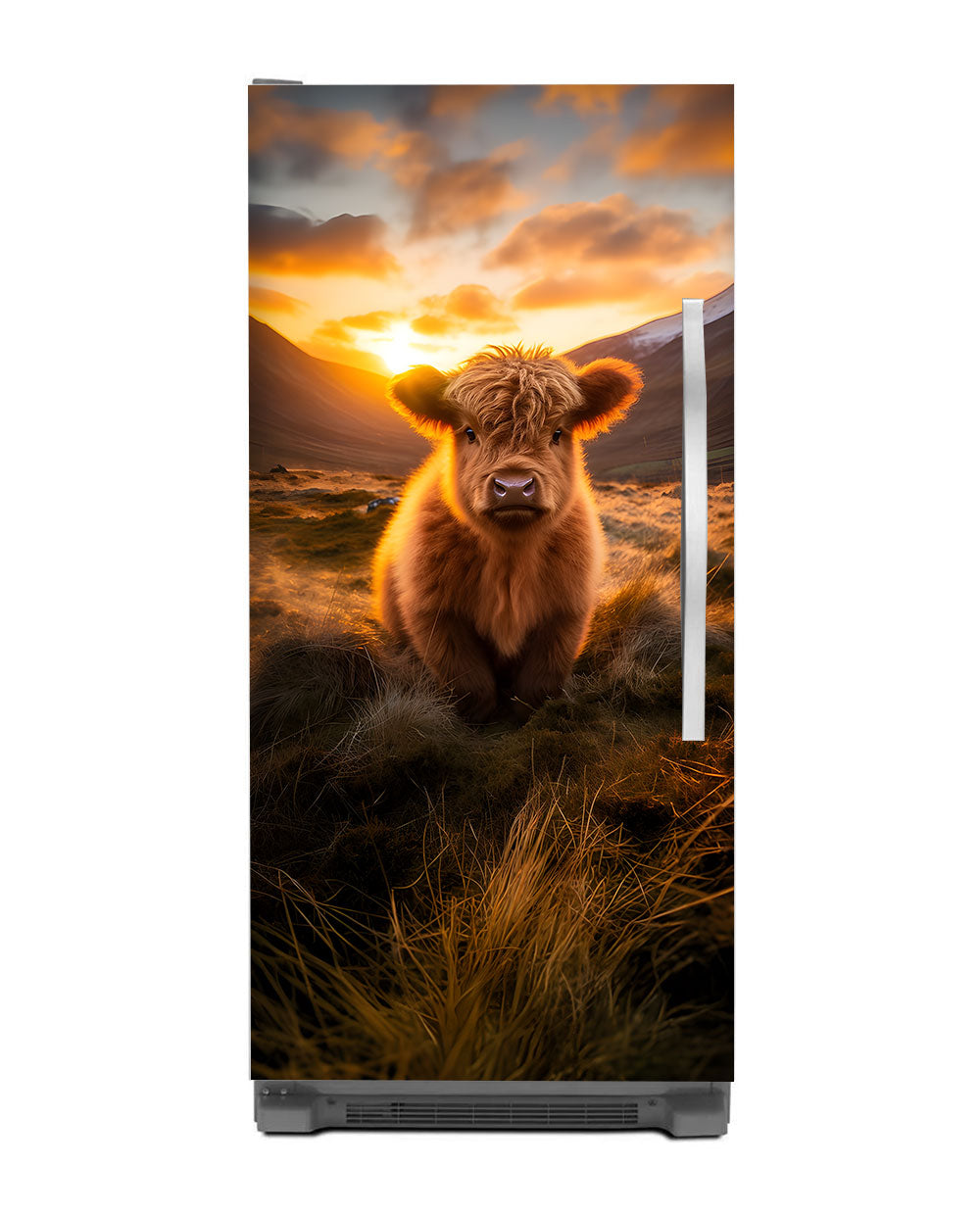 A Highland calf at sunrise