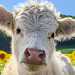 White Calf with sunflowers