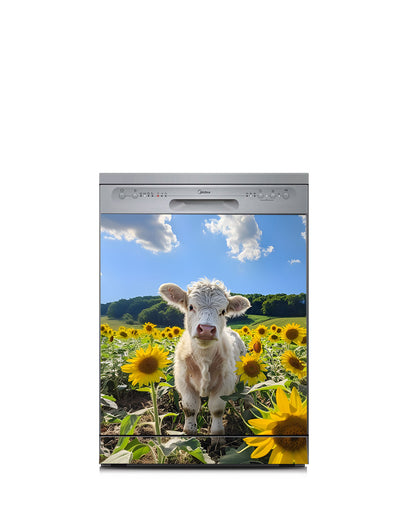 White Calf with sunflowers