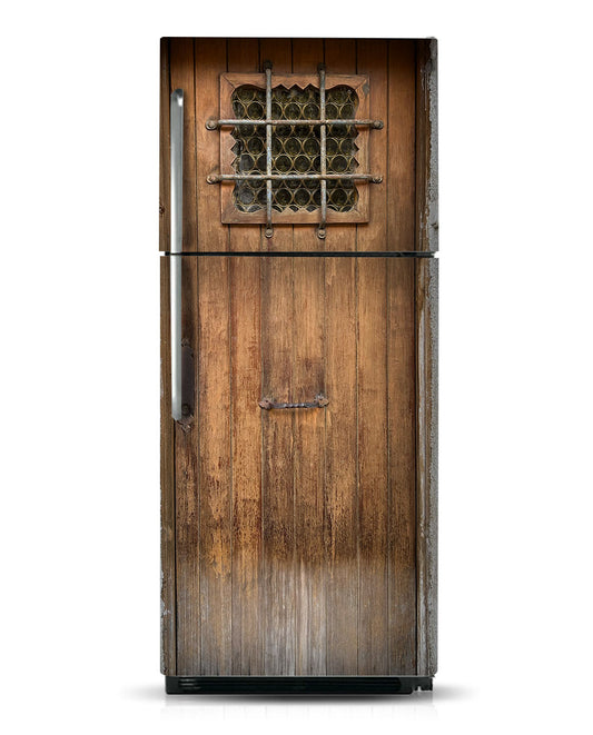 Brown door with bars