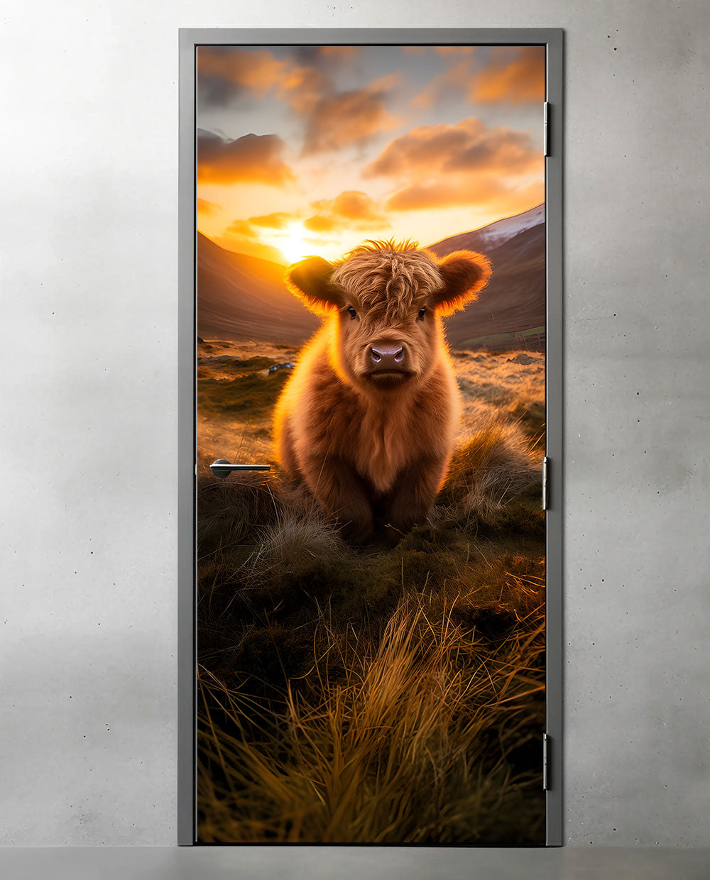 A Highland calf at sunrise