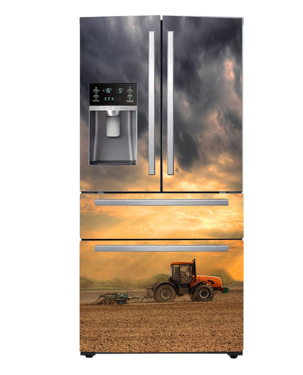 A tractor working on the field full cover magnetic fridge skin